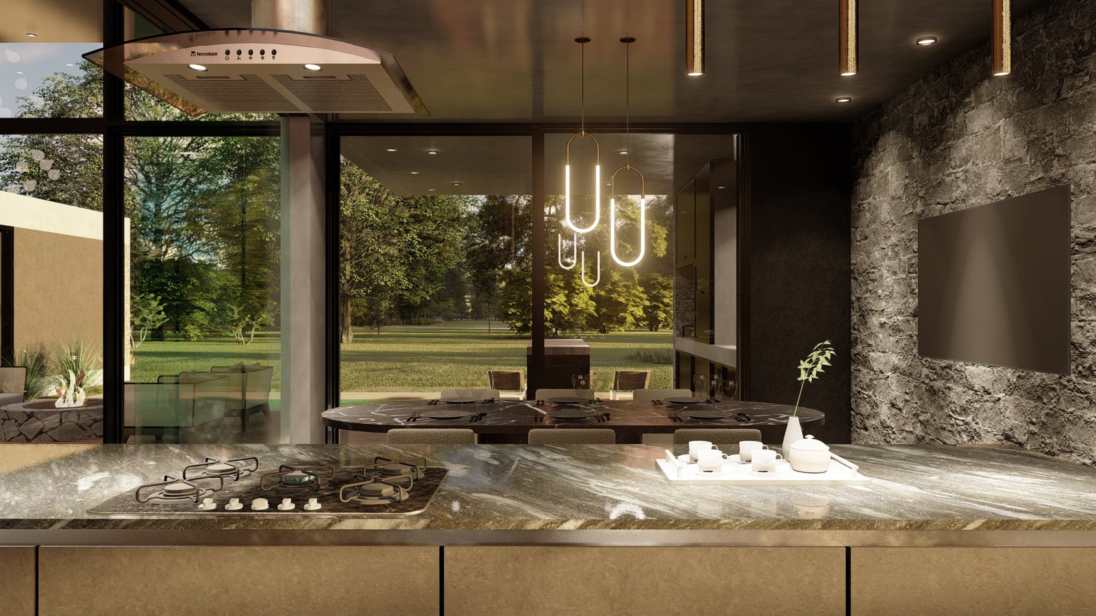 Cocina y comedor integrados, con vista al verde, render del proyecto