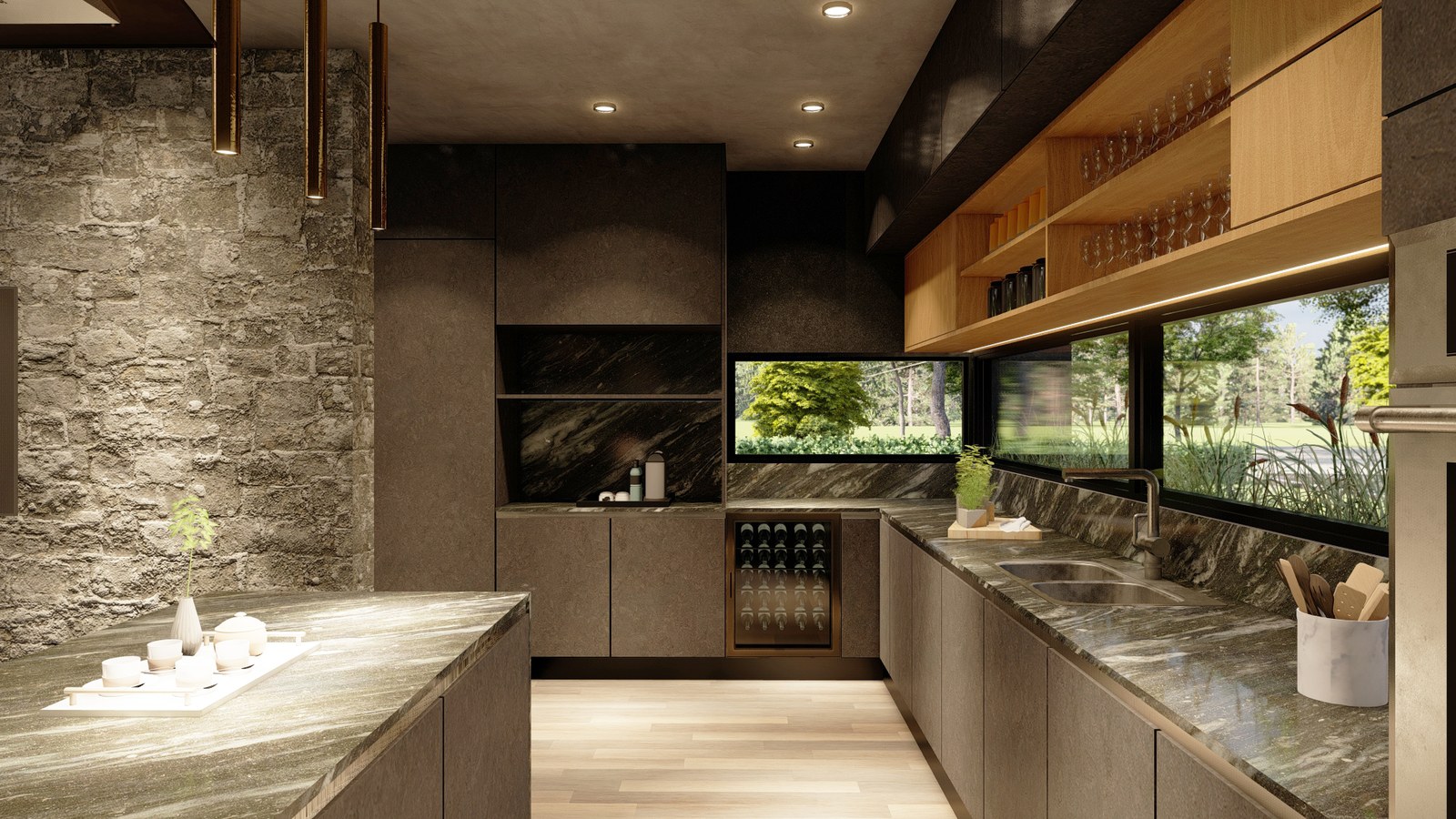 Cocina con muro de piedra y estantes de madera, render del proyecto