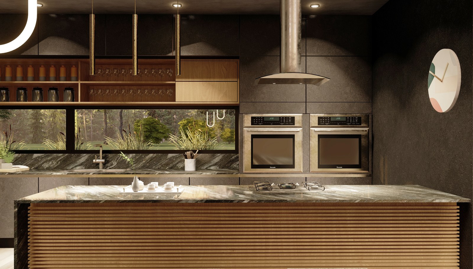 Isla de la cocina y hornos empotrados, render del proyecto