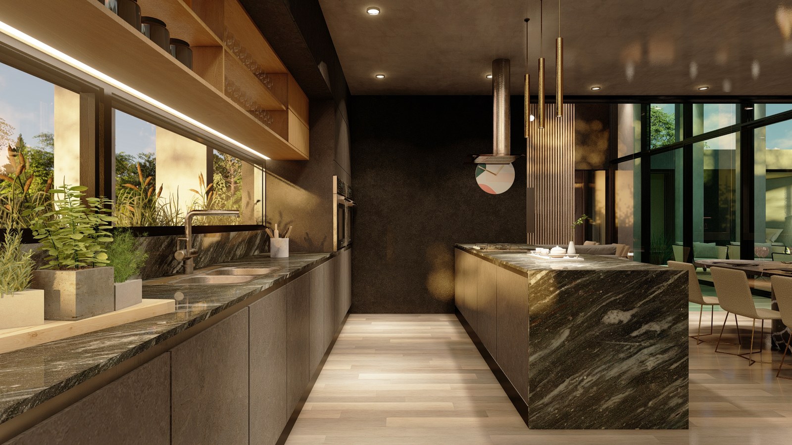 Cocina en pasillo con isla de piedra oscura, render del proyecto