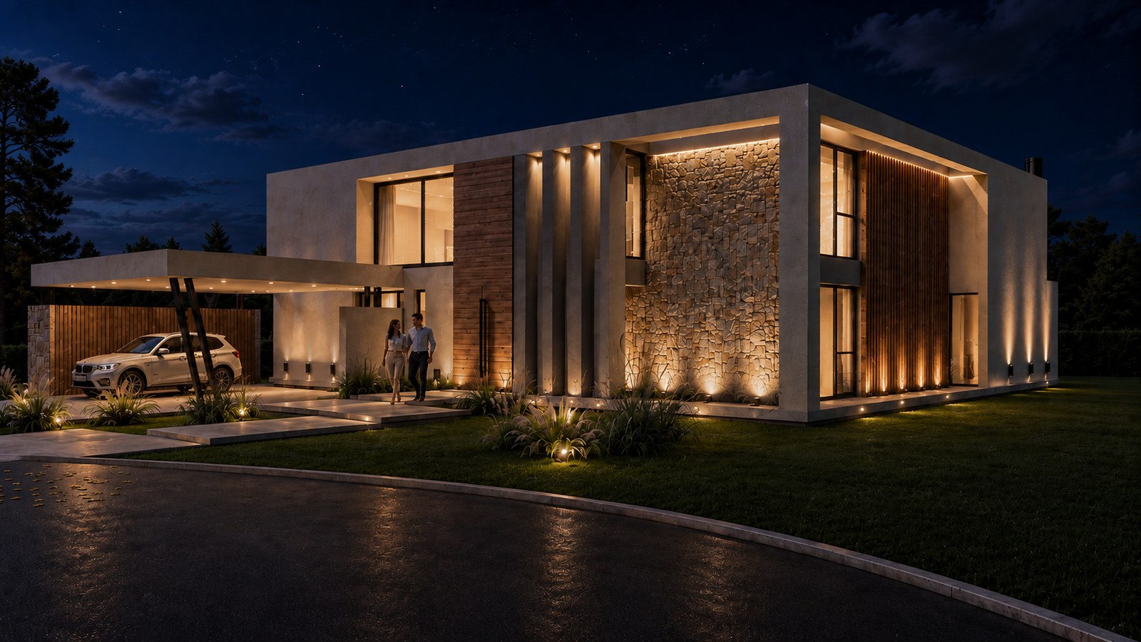 Vista lateral de noche, con la fachada de piedra iluminada, render del proyecto