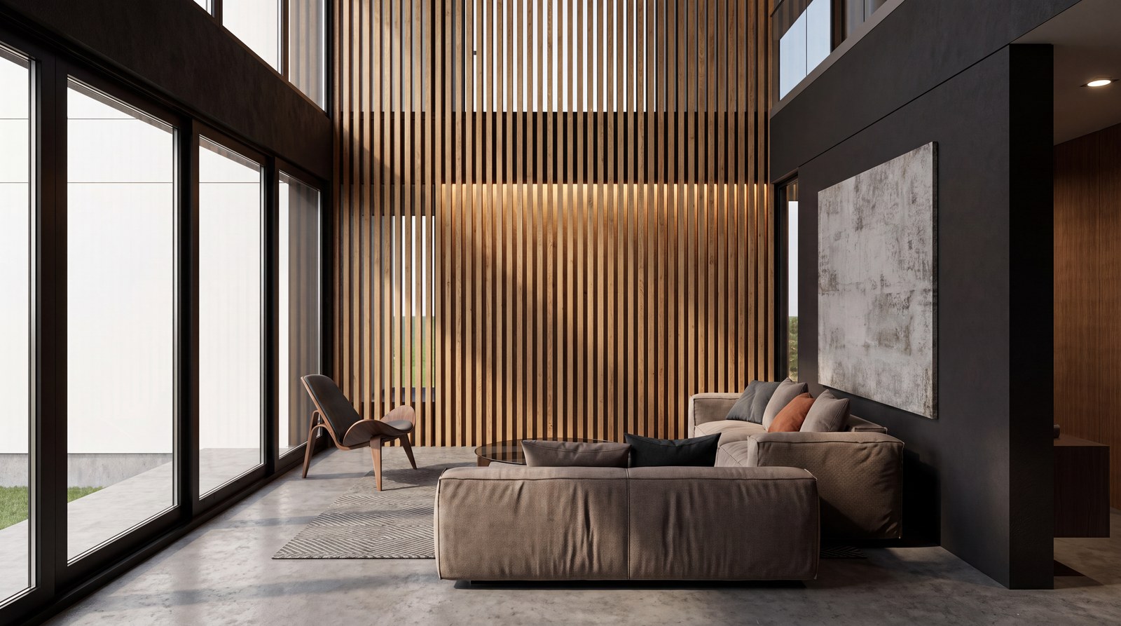Estar en doble altura con revestimiento de listones de madera, render del proyecto