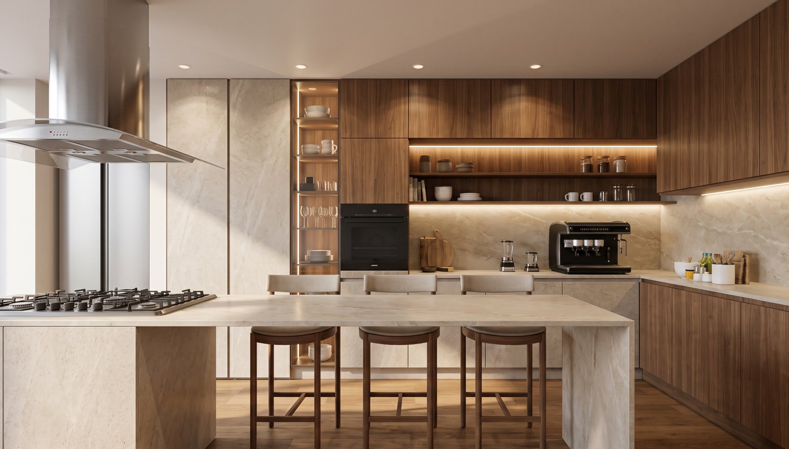 Cocina con isla, muebles de madera y campana suspendida, render del proyecto