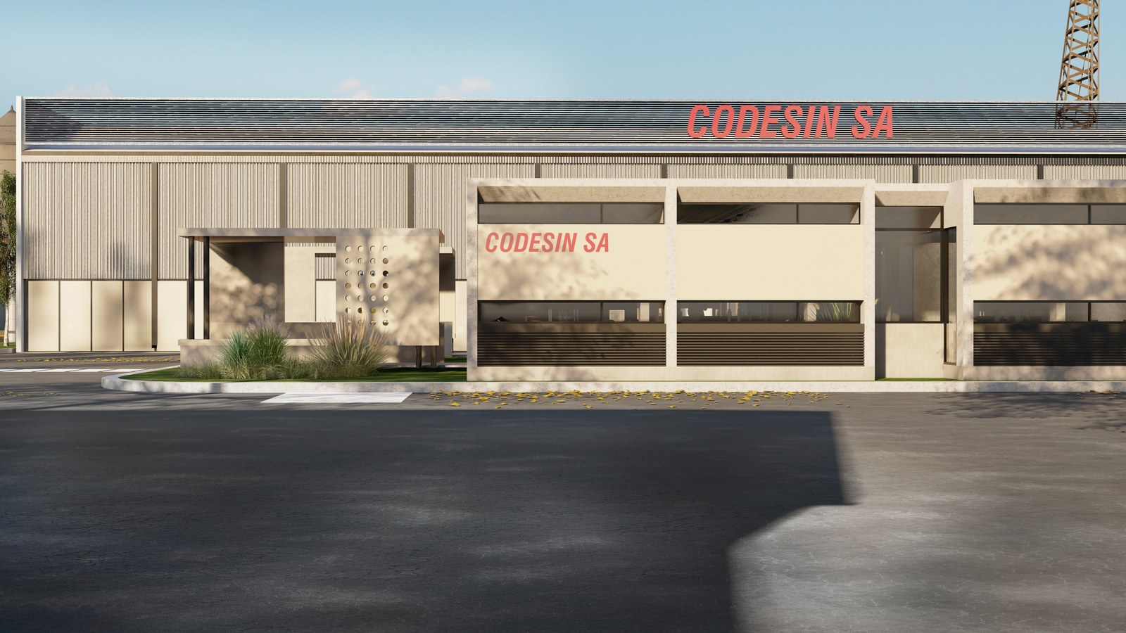 Frente de oficinas con el nombre de la empresa, render del proyecto
