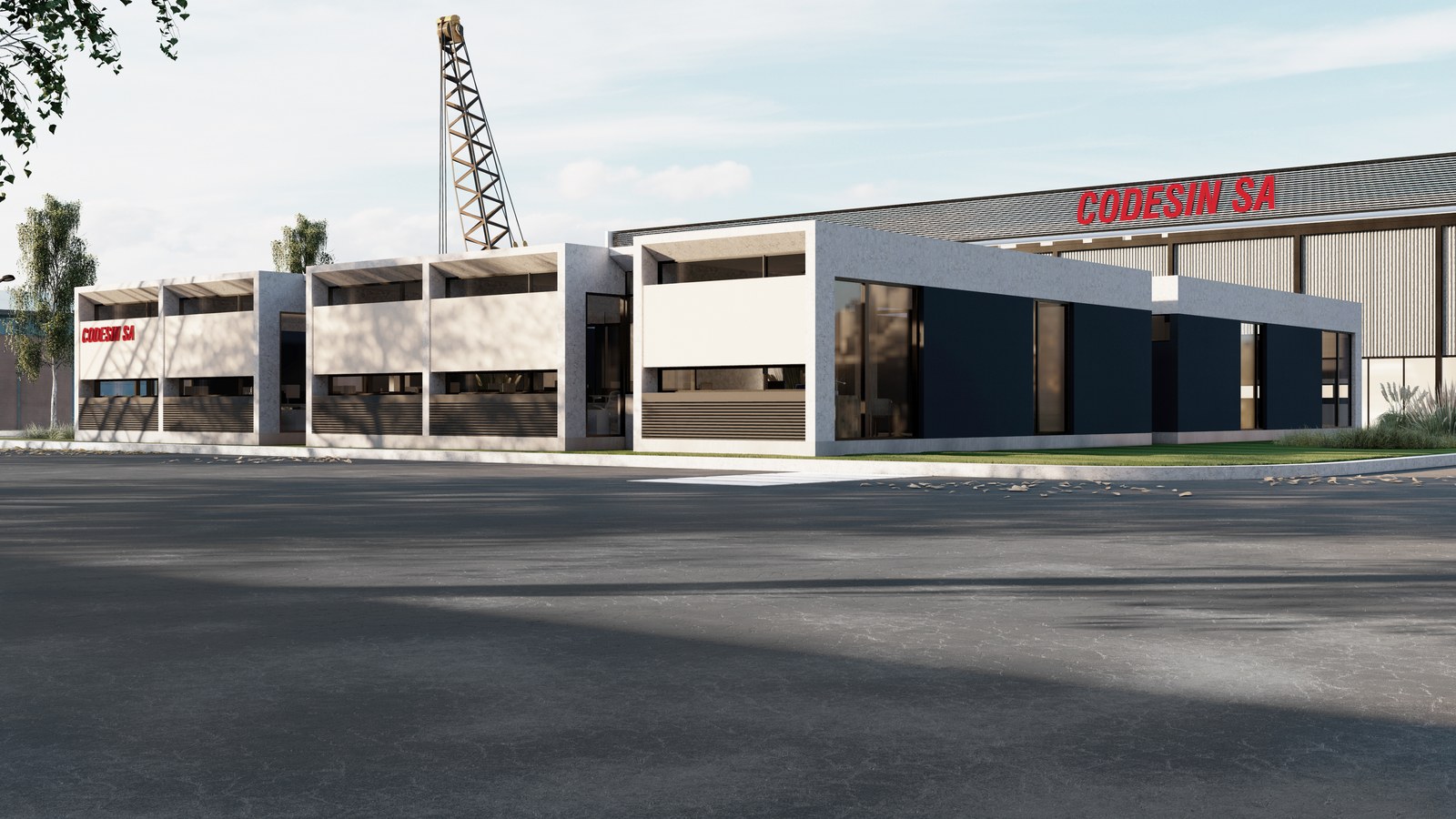 Oficinas en una planta y la nave detrás, render del proyecto
