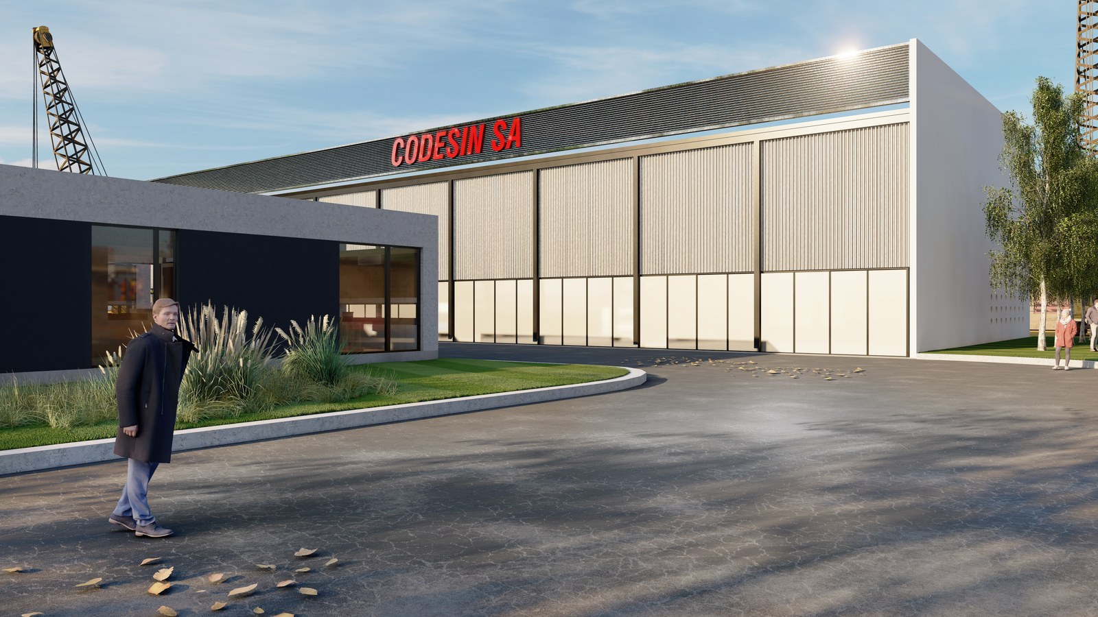 Acceso de oficinas y nave de la base, render del proyecto