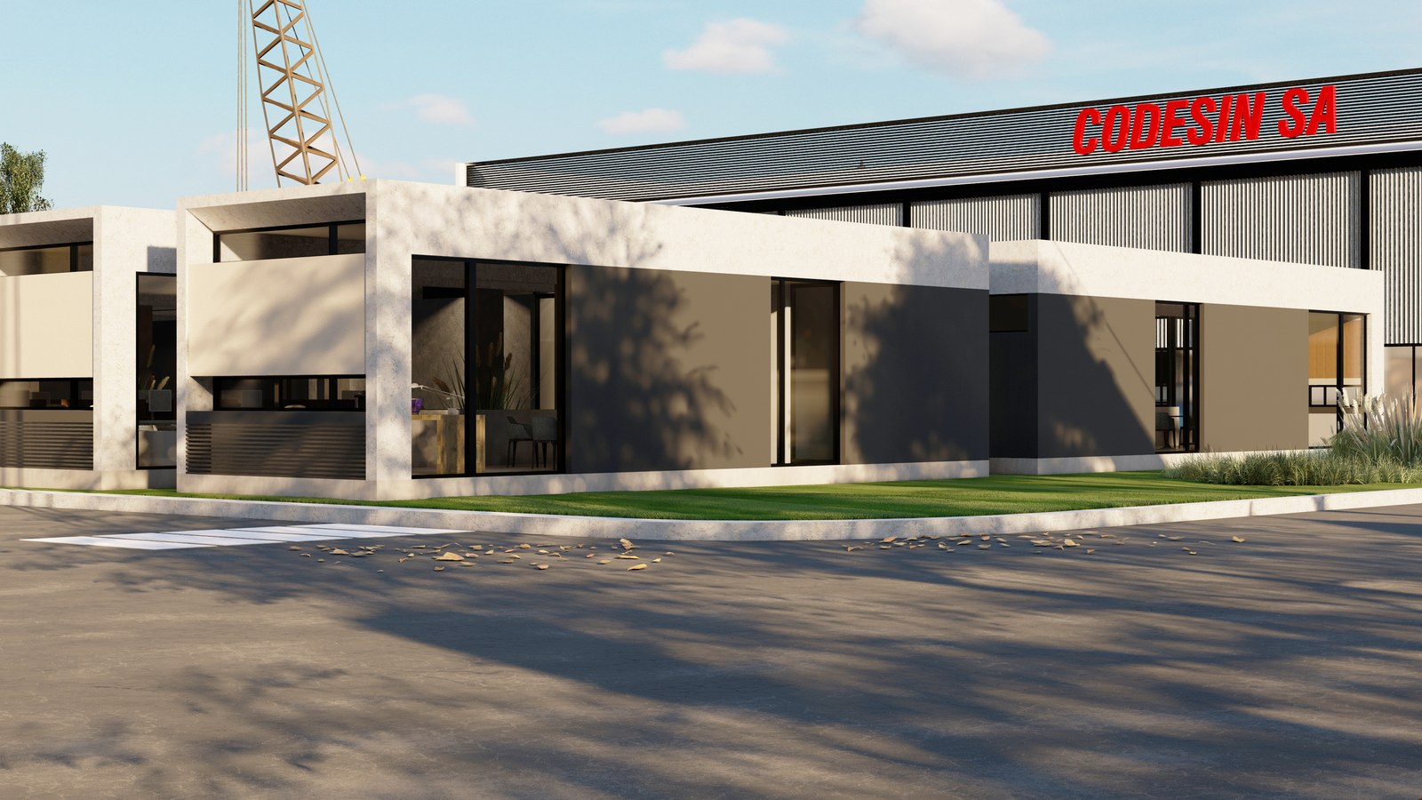 Oficinas con la nave y el nombre de la empresa al fondo, render del proyecto