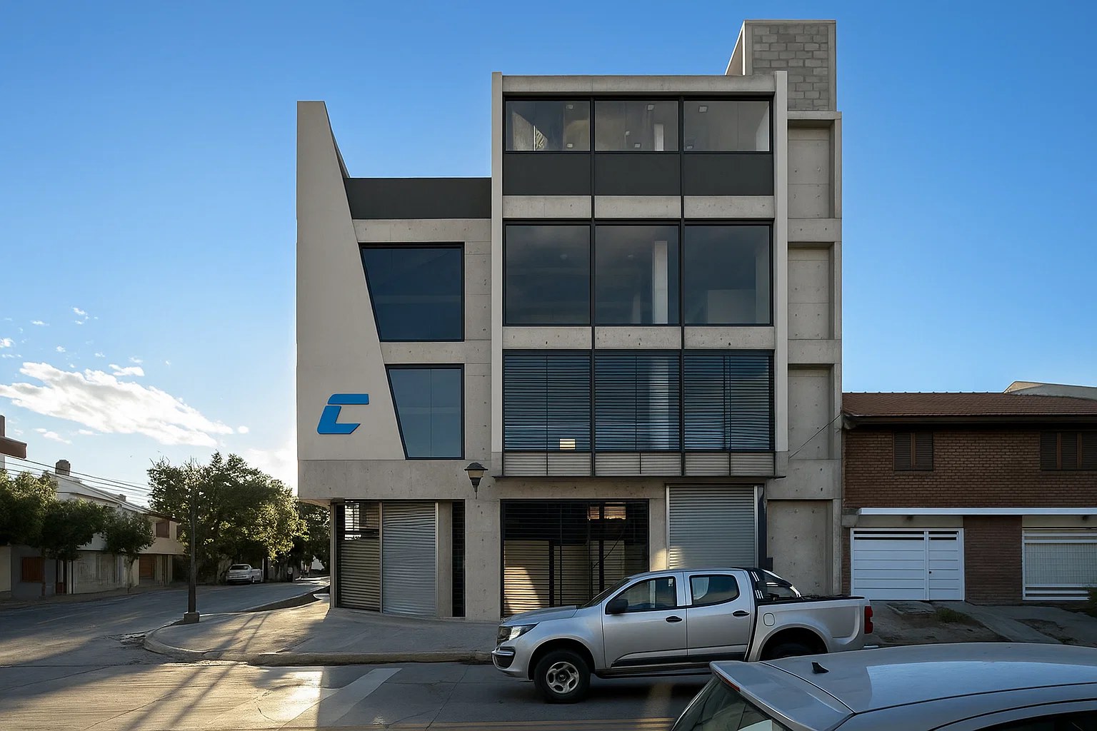 La esquina con el isologo de la empresa, render del proyecto