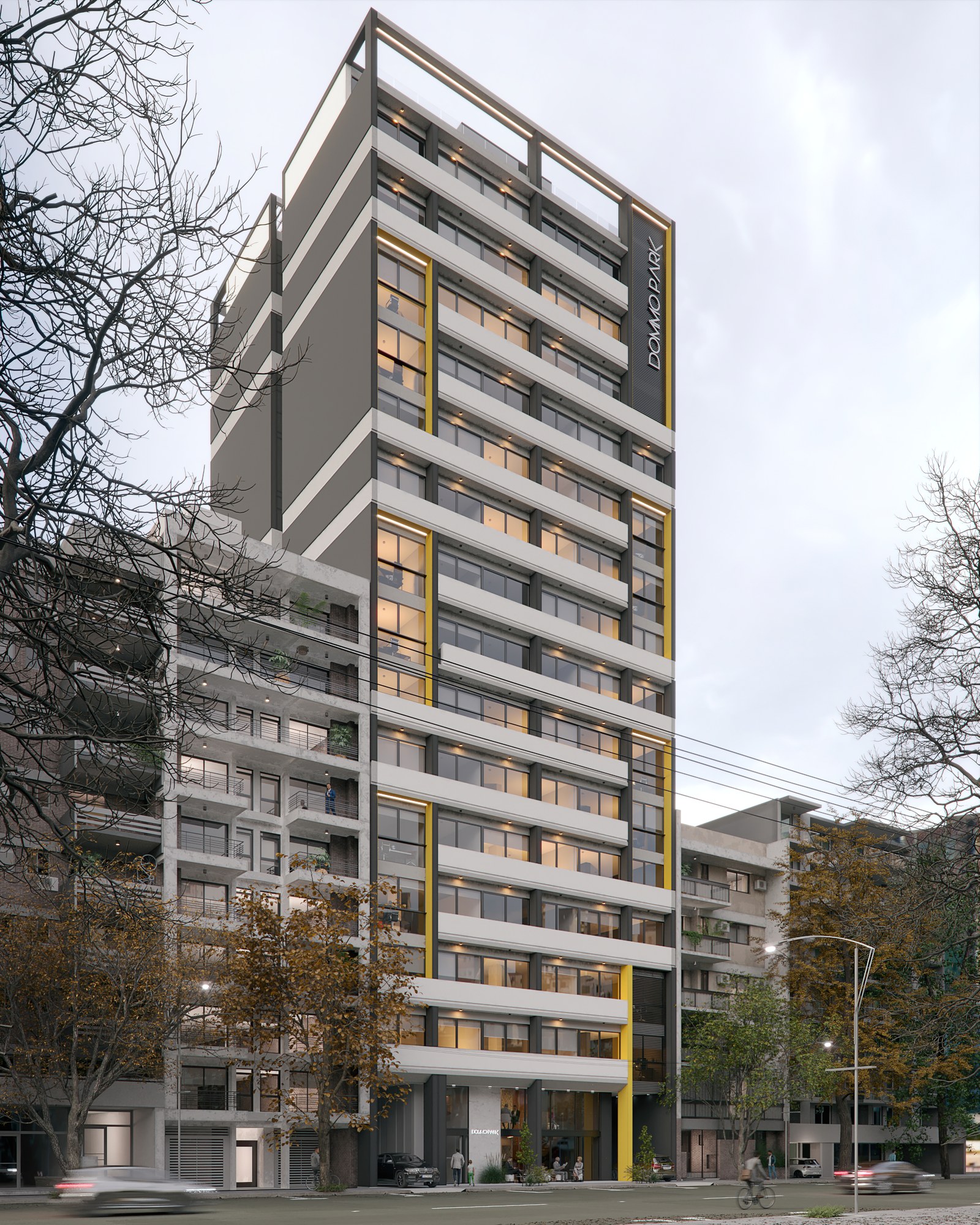 La torre desde la vereda de enfrente, con luz de tarde, render del proyecto