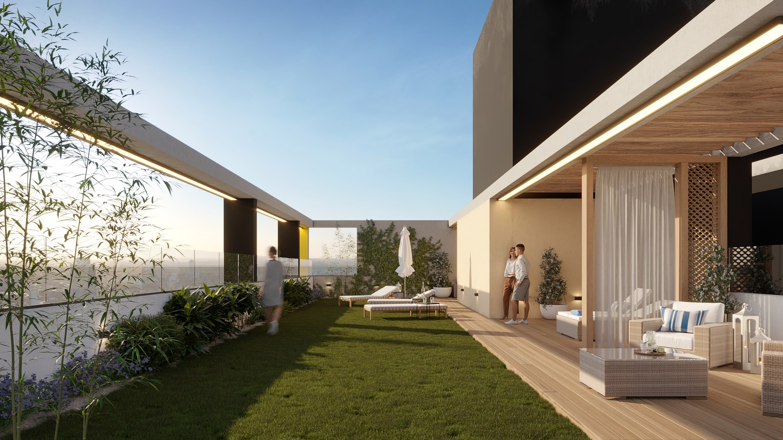 Terraza verde con galería y reposeras, render del proyecto