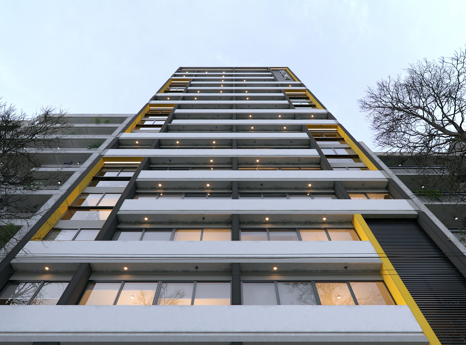 Fachada vista desde abajo, con las losas en voladizo, render del proyecto