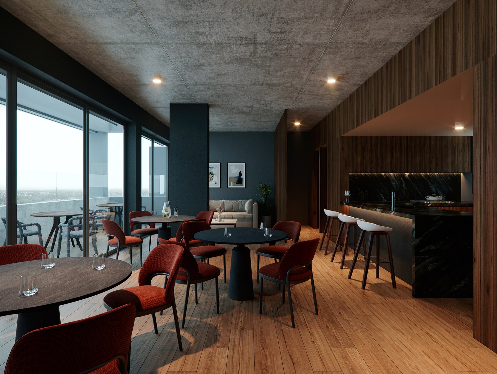 SUM con barra y mesas, render del proyecto
