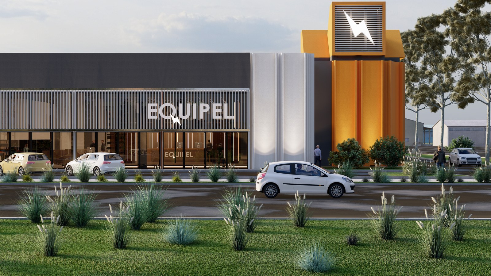 Frente con el cantero de acceso y el estacionamiento, render del proyecto