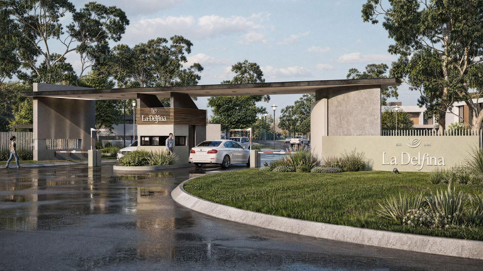 Rotonda de llegada y pórtico, render del proyecto
