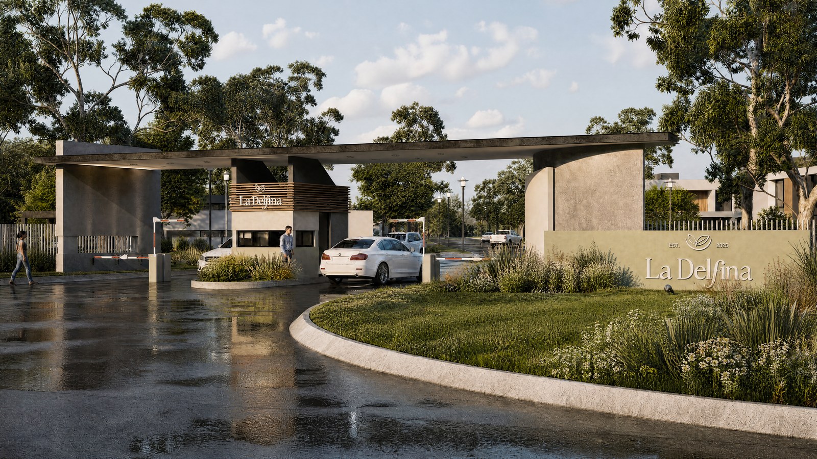 El pórtico con el cartel del barrio y el paisaje de ingreso, render del proyecto