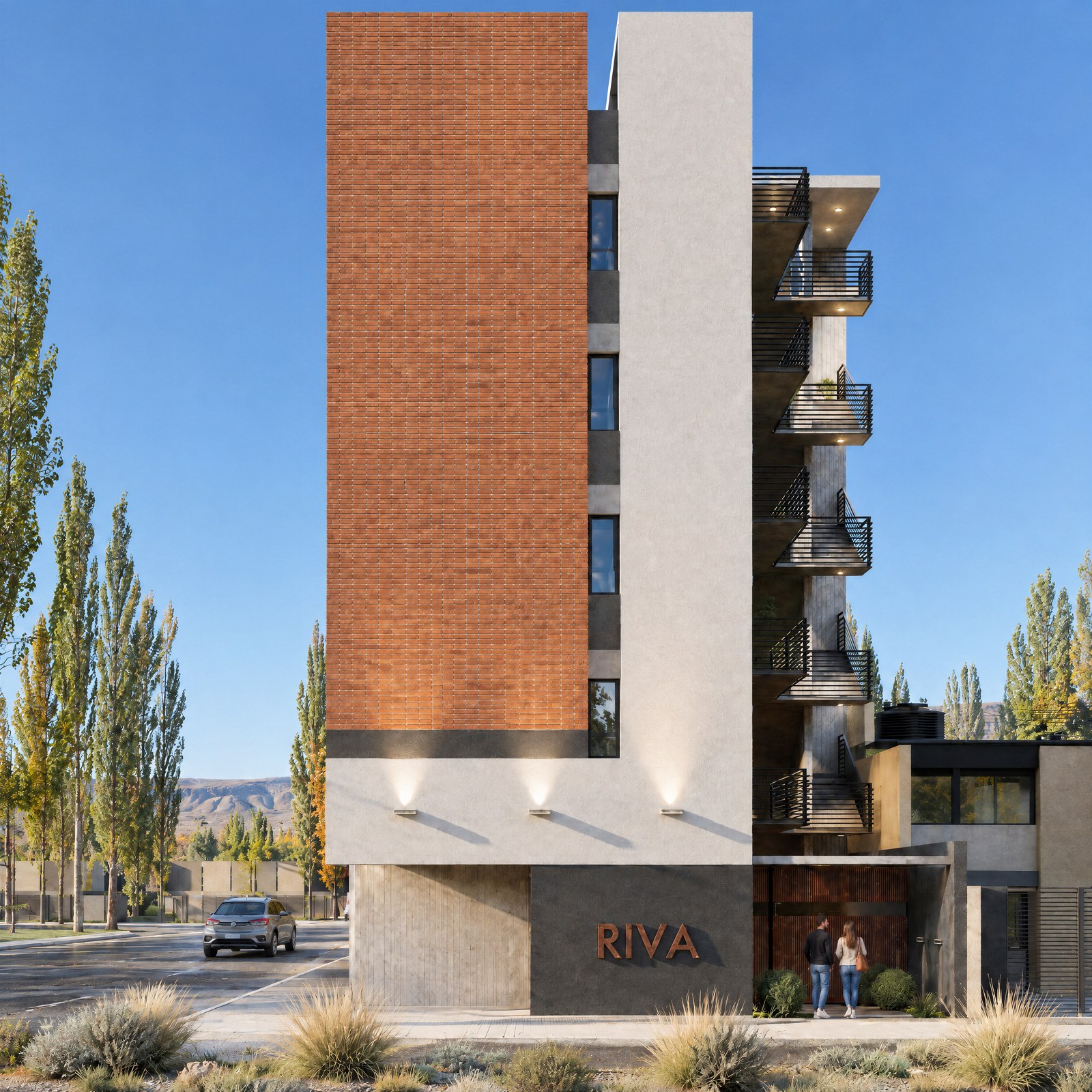 Frente con el muro de ladrillo y el acceso, render del proyecto