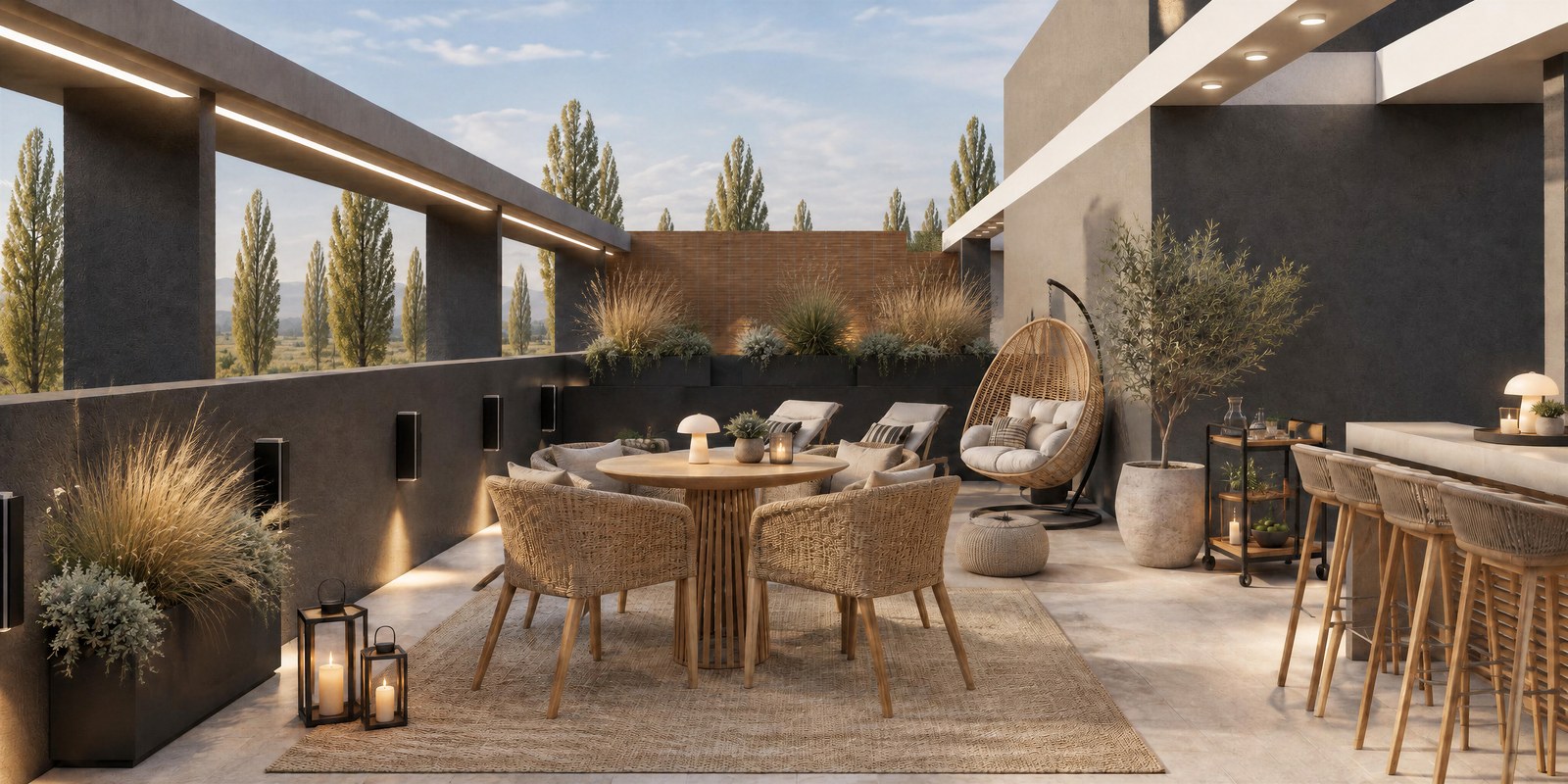 Terraza con mesa, sillones y canteros, render del proyecto
